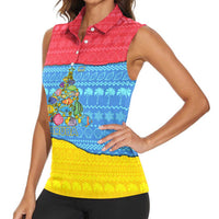 Aruba Christmas Women Sleeveless Polo Shirt with Fish Christmas Tree Aruba Flag and Red Blue Yellow Tropical Pattern Design - Wonder Print Shop