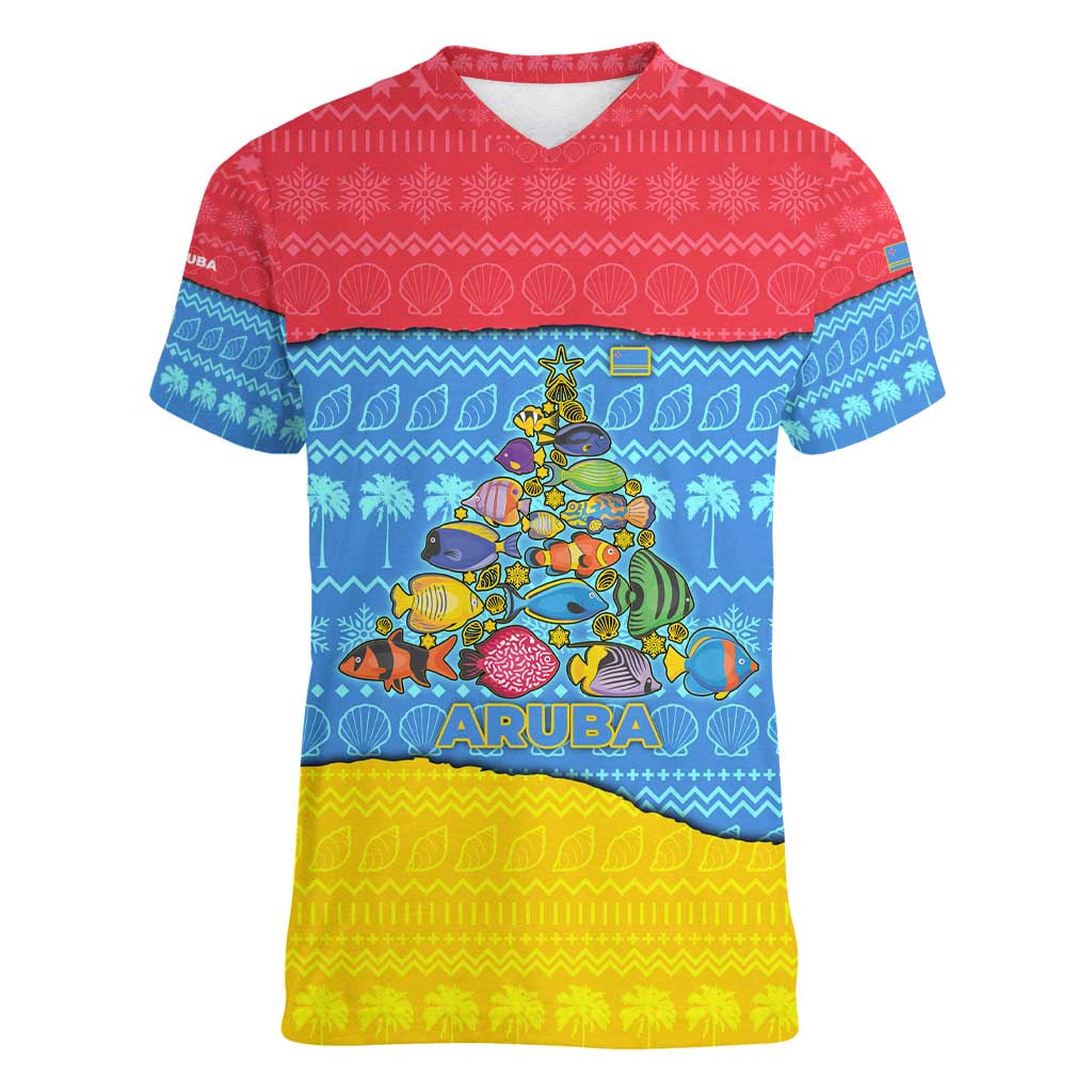 Aruba Christmas Women V-Neck T-Shirt with Fish Christmas Tree Aruba Flag and Red Blue Yellow Tropical Pattern Design - Wonder Print Shop
