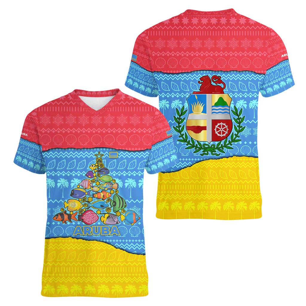 Aruba Christmas Women V-Neck T-Shirt with Fish Christmas Tree Aruba Flag and Red Blue Yellow Tropical Pattern Design - Wonder Print Shop