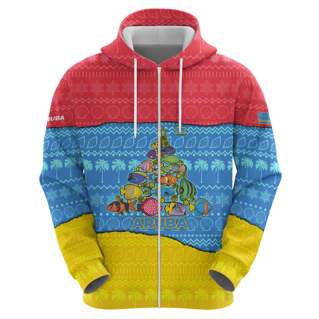 Aruba Christmas Zip Hoodie with Fish Christmas Tree Aruba Flag and Red Blue Yellow Tropical Pattern Design - Wonder Print Shop