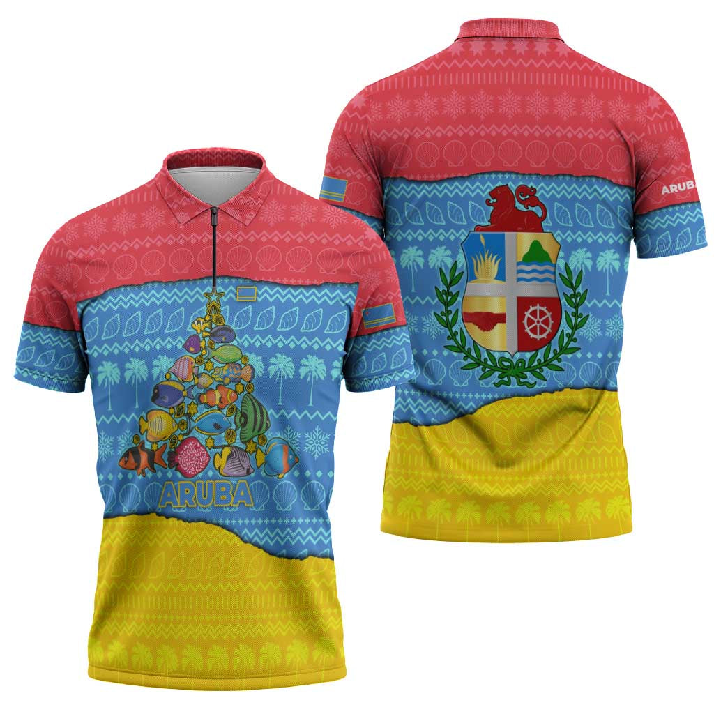 Aruba Christmas Zipper Polo Shirt with Fish Christmas Tree Aruba Flag and Red Blue Yellow Tropical Pattern Design - Wonder Print Shop