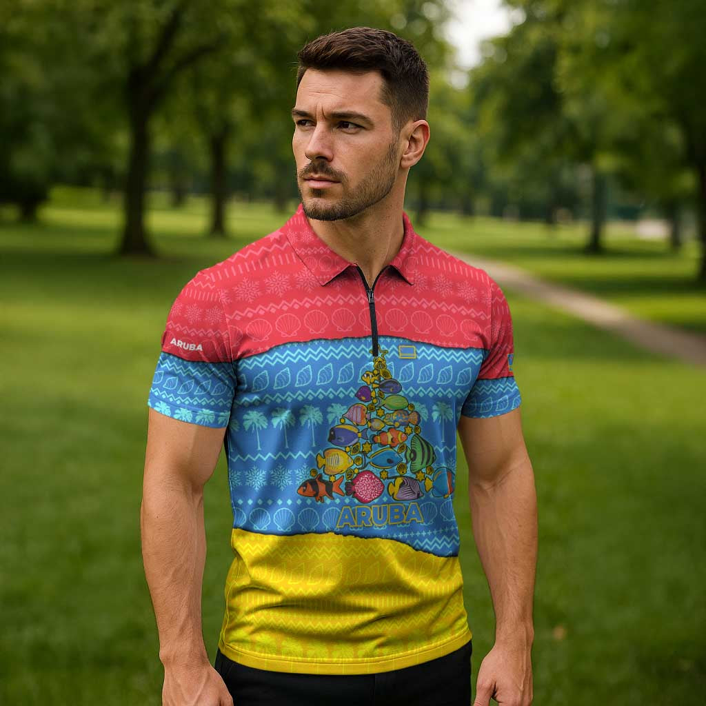 Aruba Christmas Zipper Polo Shirt with Fish Christmas Tree Aruba Flag and Red Blue Yellow Tropical Pattern Design - Wonder Print Shop