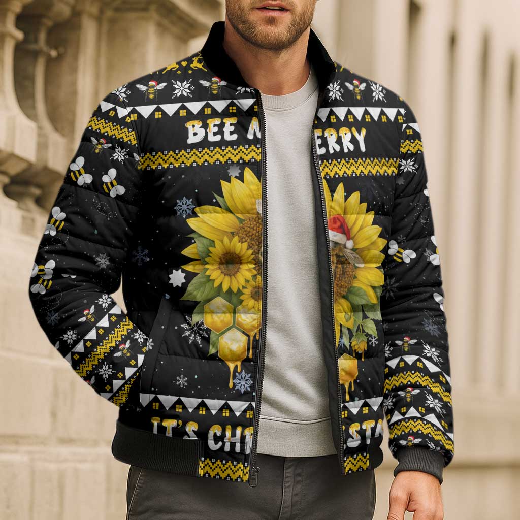Bee Merry Its Time Christmas Bomber Puffer Jacket Xmas Holiday Patterns - Wonder Print Shop