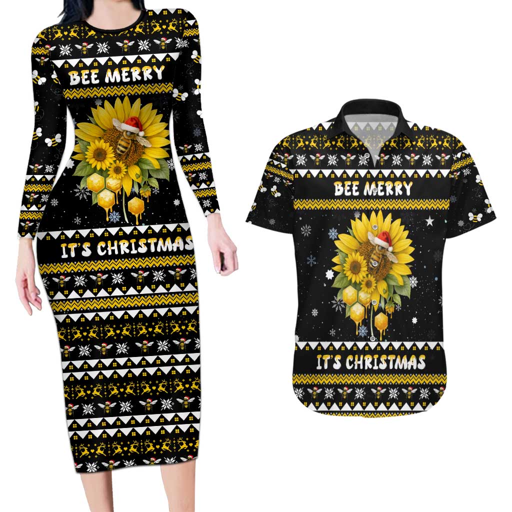 Bee Merry Its Time Christmas Couples Matching Long Sleeve Bodycon Dress and Hawaiian Shirt Xmas Holiday Patterns - Wonder Print Shop