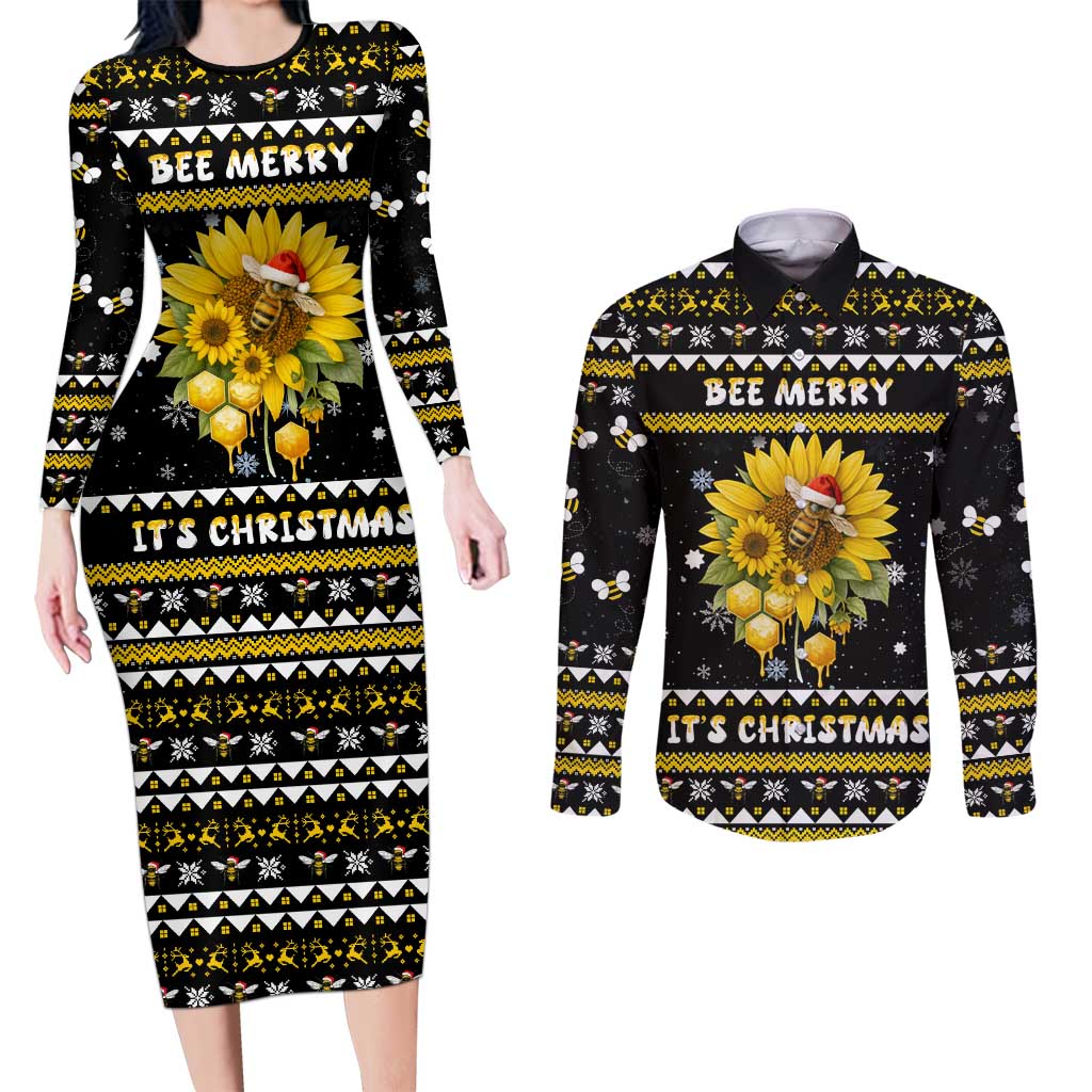 Bee Merry Its Time Christmas Couples Matching Long Sleeve Bodycon Dress and Long Sleeve Button Shirt Xmas Holiday Patterns - Wonder Print Shop