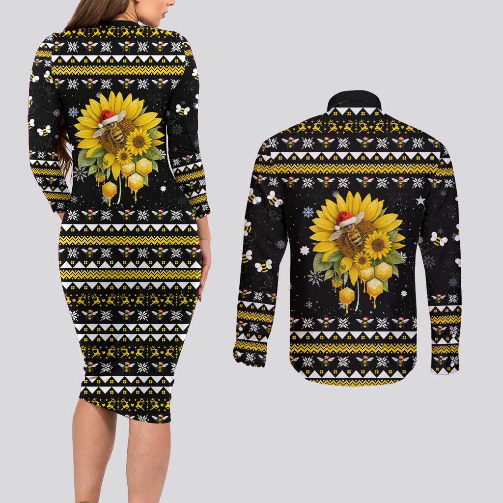 Bee Merry Its Time Christmas Couples Matching Long Sleeve Bodycon Dress and Long Sleeve Button Shirt Xmas Holiday Patterns - Wonder Print Shop