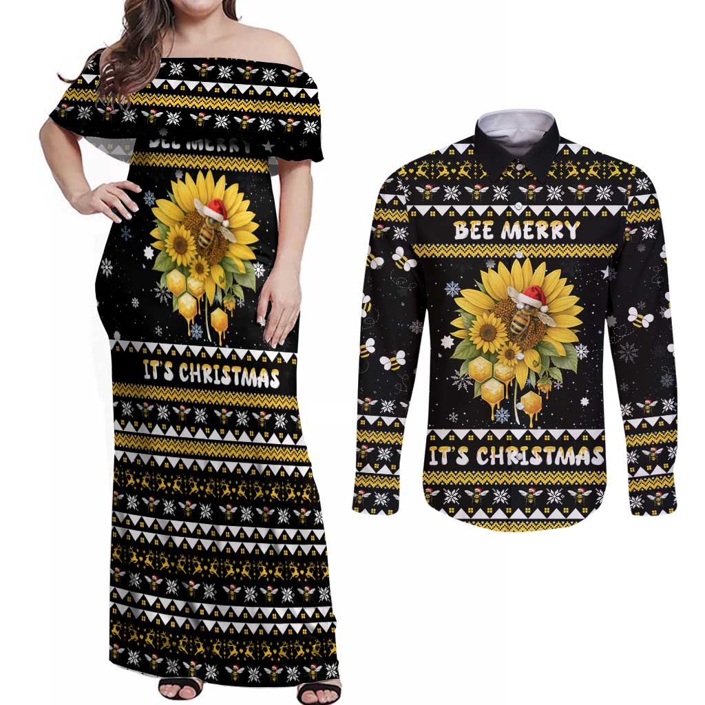 Bee Merry Its Time Christmas Couples Matching Off Shoulder Maxi Dress and Long Sleeve Button Shirt Xmas Holiday Patterns - Wonder Print Shop
