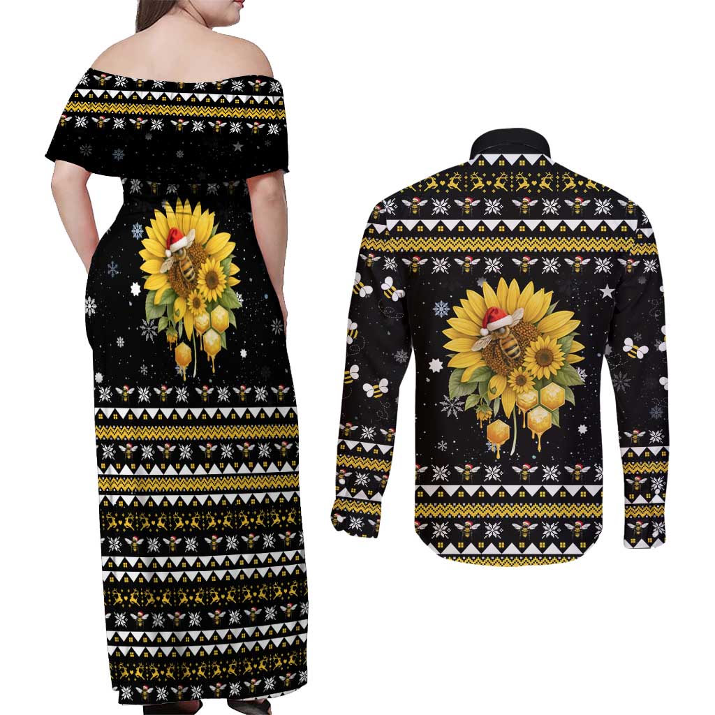 Bee Merry Its Time Christmas Couples Matching Off Shoulder Maxi Dress and Long Sleeve Button Shirt Xmas Holiday Patterns - Wonder Print Shop