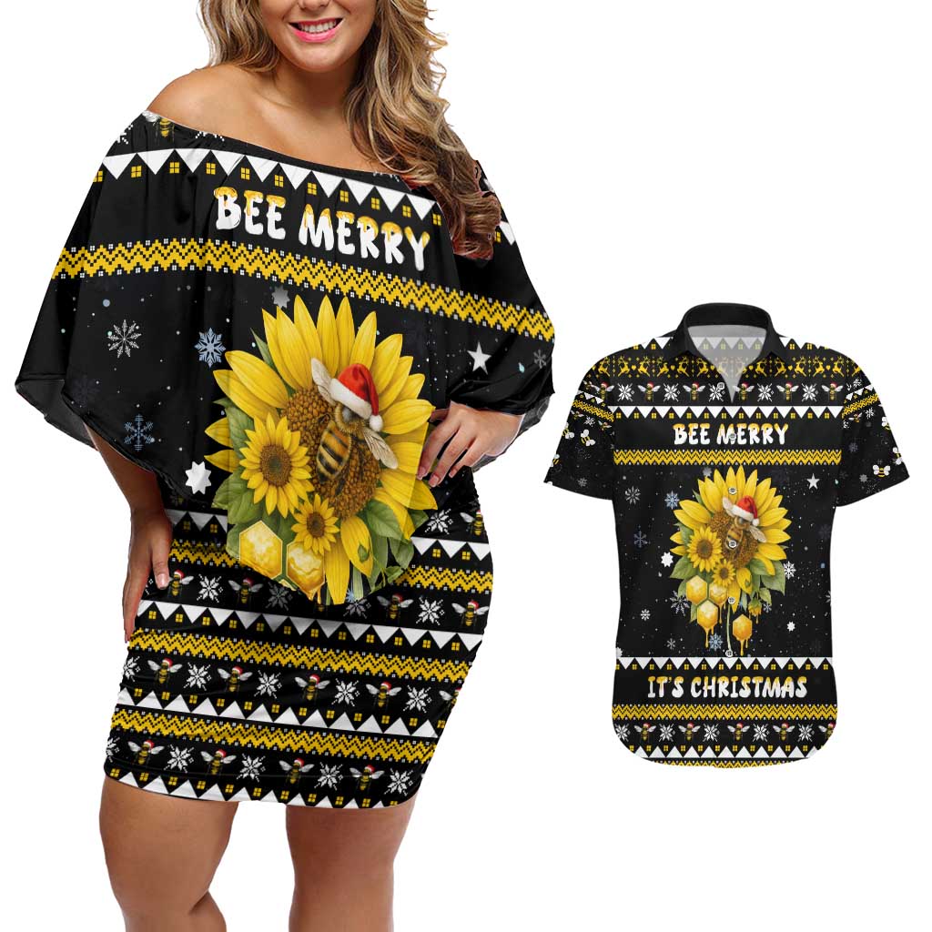 Bee Merry Its Time Christmas Couples Matching Off Shoulder Short Dress and Hawaiian Shirt Xmas Holiday Patterns - Wonder Print Shop