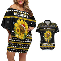 Bee Merry Its Time Christmas Couples Matching Off Shoulder Short Dress and Hawaiian Shirt Xmas Holiday Patterns - Wonder Print Shop