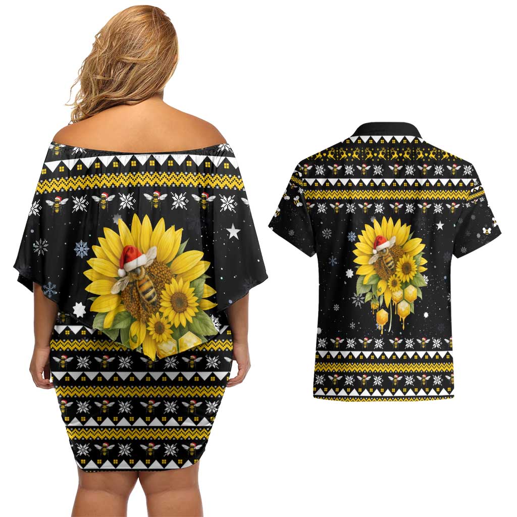 Bee Merry Its Time Christmas Couples Matching Off Shoulder Short Dress and Hawaiian Shirt Xmas Holiday Patterns - Wonder Print Shop