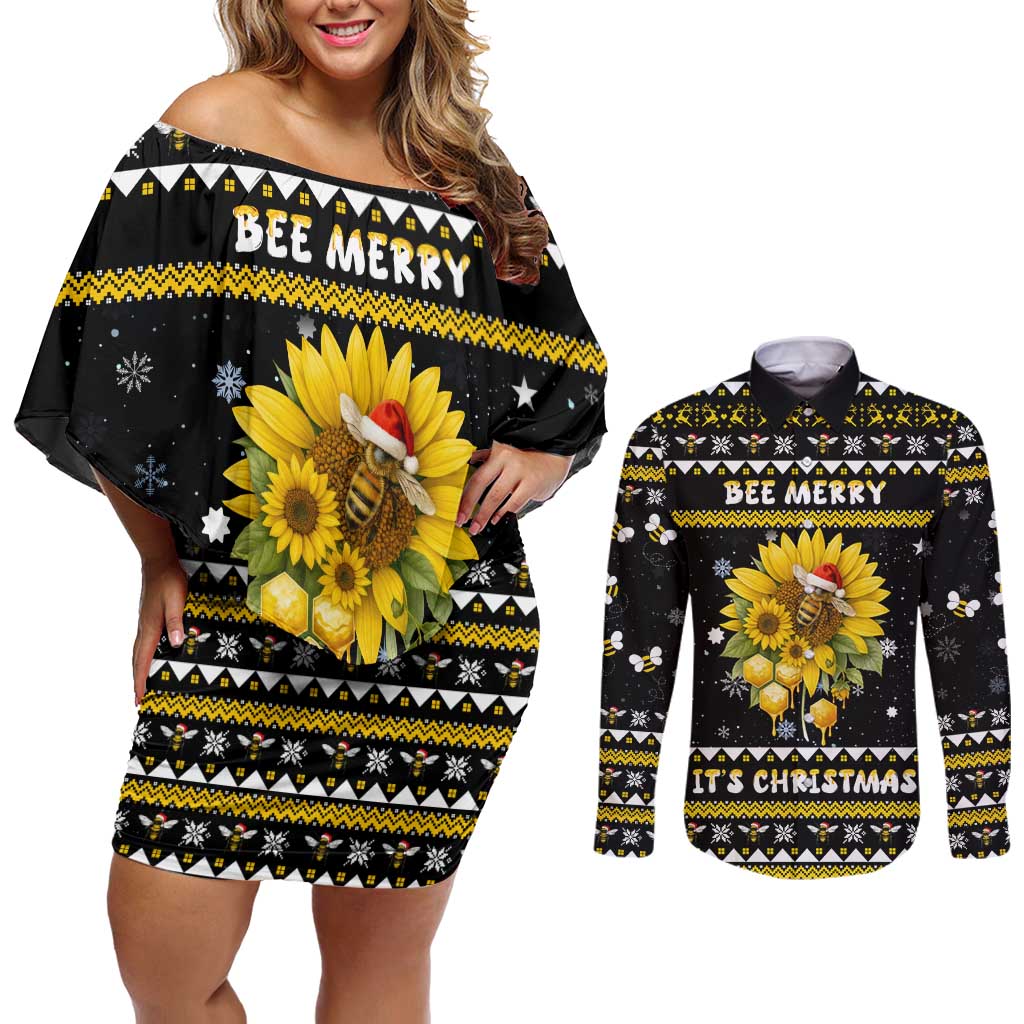 Bee Merry Its Time Christmas Couples Matching Off Shoulder Short Dress and Long Sleeve Button Shirt Xmas Holiday Patterns - Wonder Print Shop