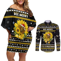 Bee Merry Its Time Christmas Couples Matching Off Shoulder Short Dress and Long Sleeve Button Shirt Xmas Holiday Patterns - Wonder Print Shop