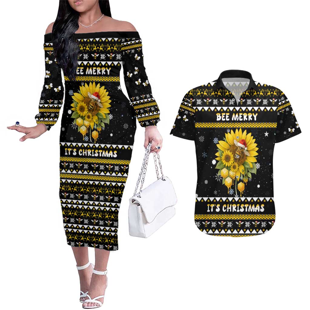 Bee Merry Its Time Christmas Couples Matching Off The Shoulder Long Sleeve Dress and Hawaiian Shirt Xmas Holiday Patterns - Wonder Print Shop