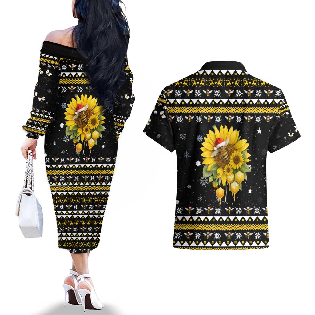 Bee Merry Its Time Christmas Couples Matching Off The Shoulder Long Sleeve Dress and Hawaiian Shirt Xmas Holiday Patterns - Wonder Print Shop