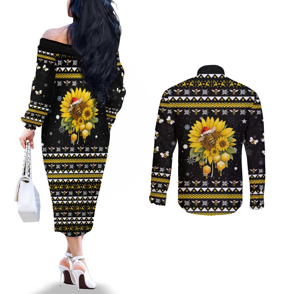 Bee Merry Its Time Christmas Couples Matching Off The Shoulder Long Sleeve Dress and Long Sleeve Button Shirt Xmas Holiday Patterns - Wonder Print Shop