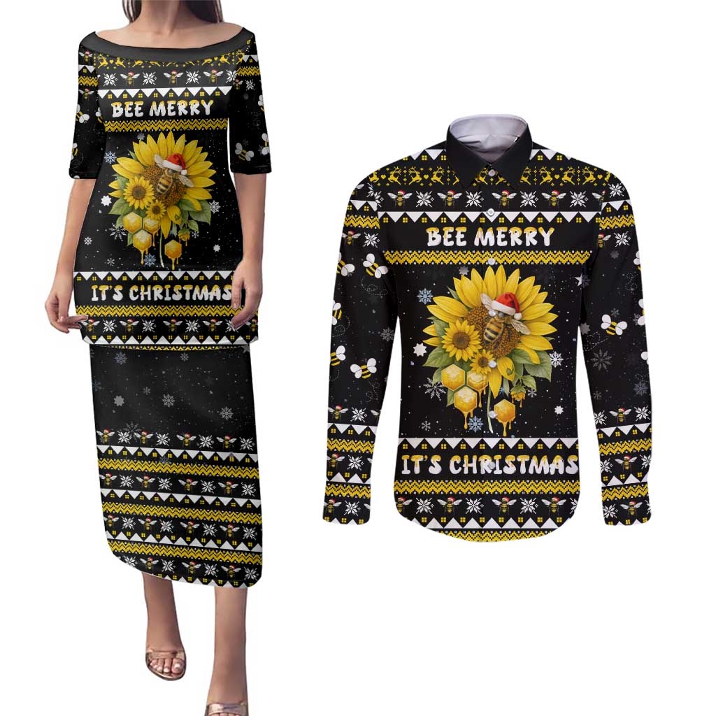 Bee Merry Its Time Christmas Couples Matching Puletasi and Long Sleeve Button Shirt Xmas Holiday Patterns - Wonder Print Shop