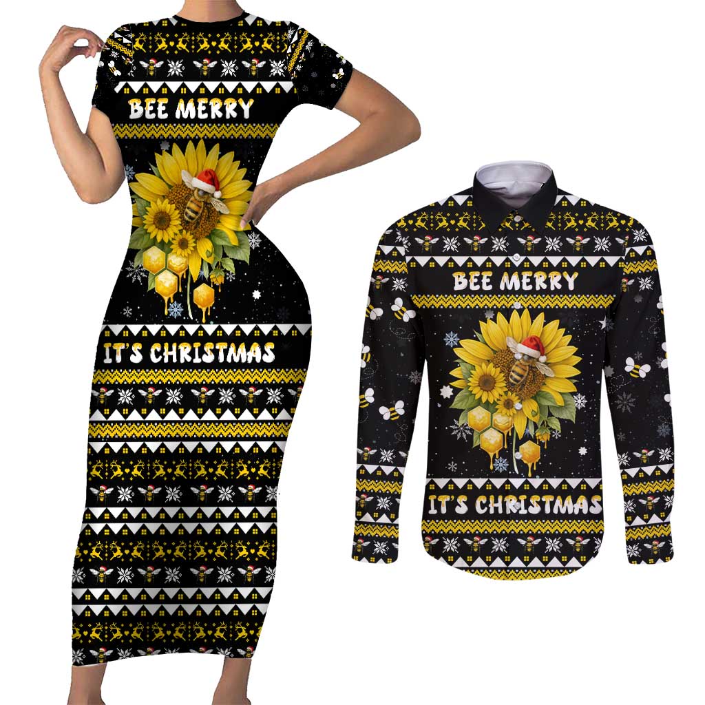 Bee Merry Its Time Christmas Couples Matching Short Sleeve Bodycon Dress and Long Sleeve Button Shirt Xmas Holiday Patterns - Wonder Print Shop