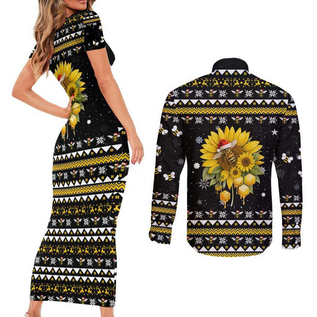 Bee Merry Its Time Christmas Couples Matching Short Sleeve Bodycon Dress and Long Sleeve Button Shirt Xmas Holiday Patterns - Wonder Print Shop