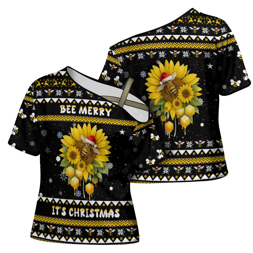 Bee Merry Its Time Christmas Cross Shoulder Shirt Xmas Holiday Patterns - Wonder Print Shop