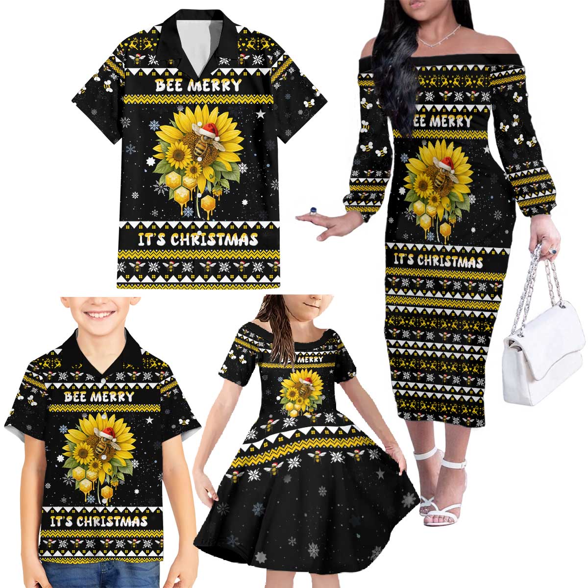 Bee Merry Its Time Christmas Family Matching Off The Shoulder Long Sleeve Dress and Hawaiian Shirt Xmas Holiday Patterns - Wonder Print Shop