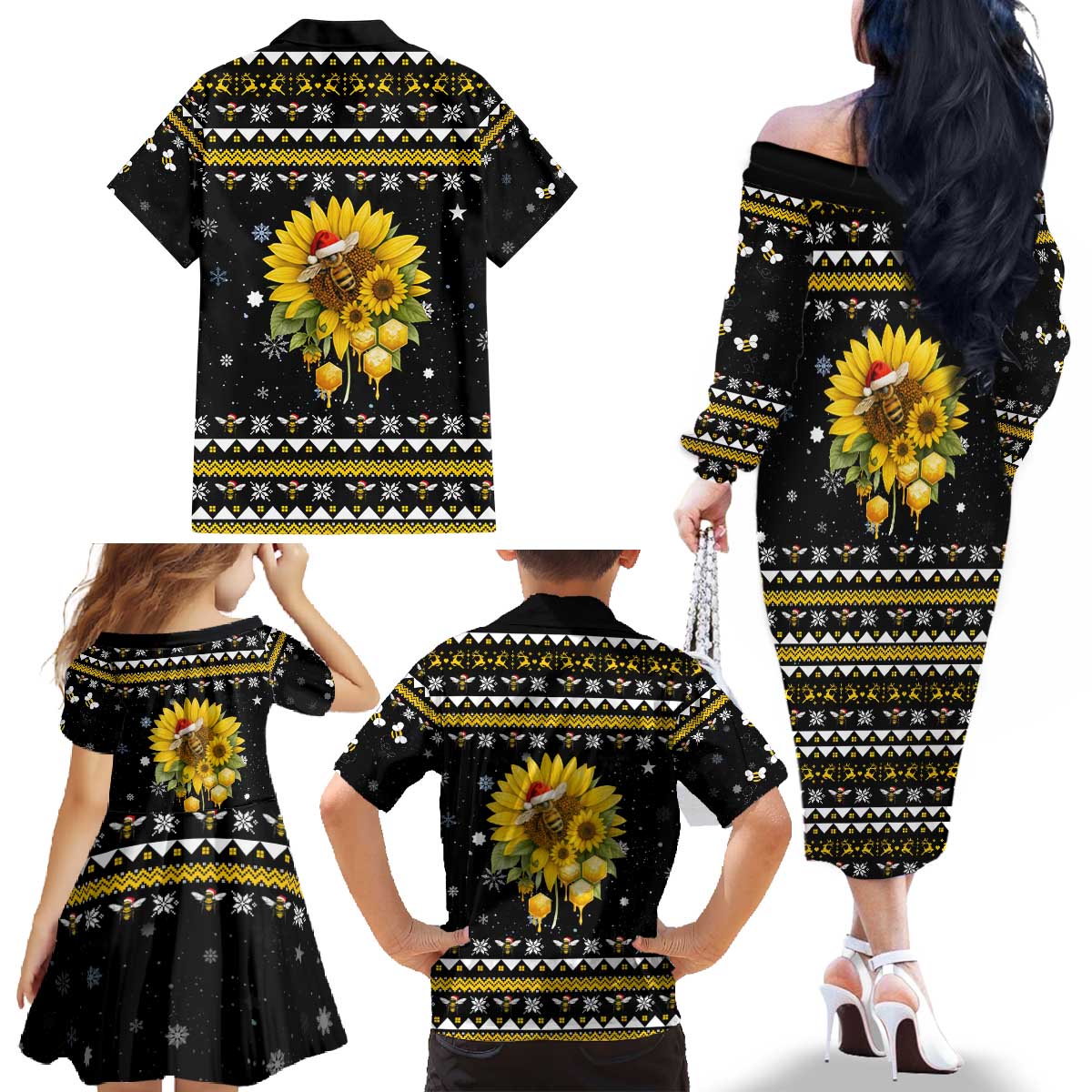 Bee Merry Its Time Christmas Family Matching Off The Shoulder Long Sleeve Dress and Hawaiian Shirt Xmas Holiday Patterns - Wonder Print Shop