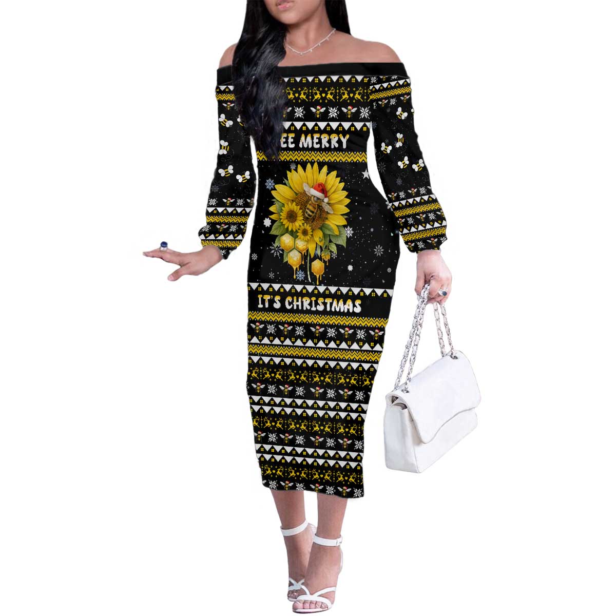 Bee Merry Its Time Christmas Family Matching Off The Shoulder Long Sleeve Dress and Hawaiian Shirt Xmas Holiday Patterns - Wonder Print Shop