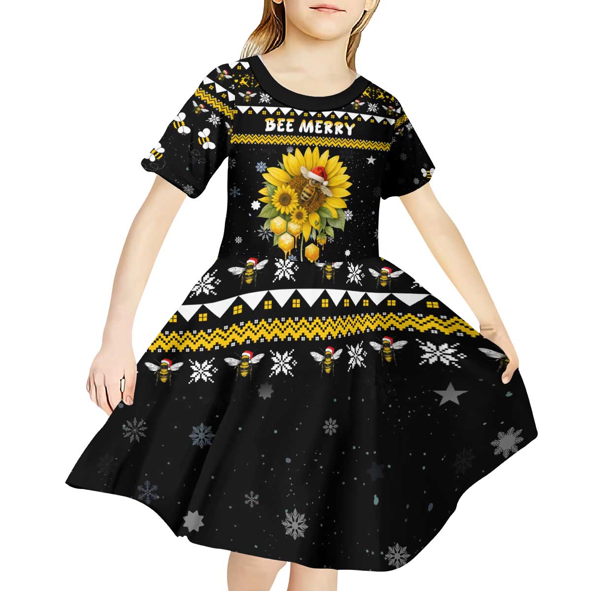 Bee Merry Its Time Christmas Kid Short Sleeve Dress Xmas Holiday Patterns - Wonder Print Shop