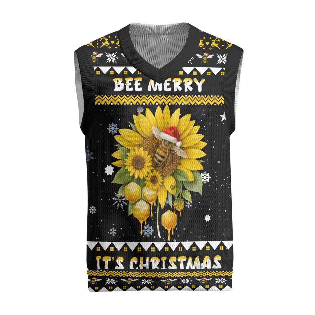 Bee Merry Its Time Christmas Knitted V-Neck Vest Xmas Holiday Patterns - Wonder Print Shop