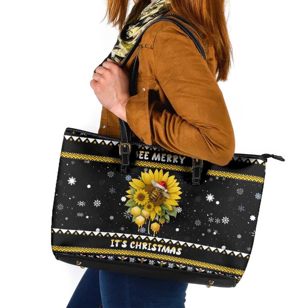 Bee Merry Its Time Christmas Leather Tote Bag Xmas Holiday Patterns - Wonder Print Shop