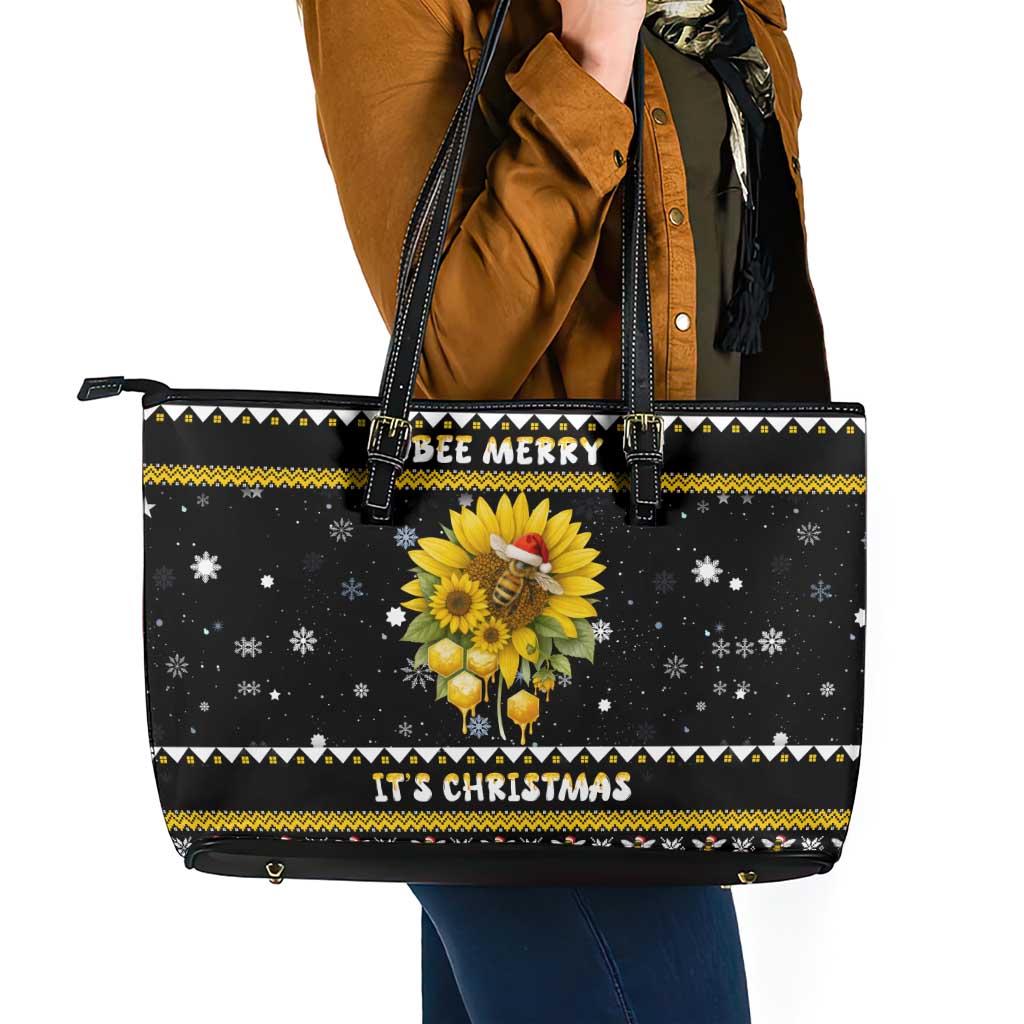Bee Merry Its Time Christmas Leather Tote Bag Xmas Holiday Patterns - Wonder Print Shop