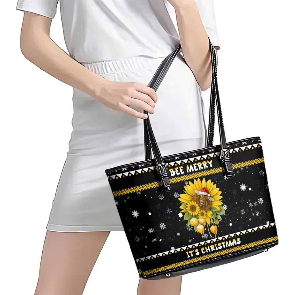 Bee Merry Its Time Christmas Leather Tote Bag Xmas Holiday Patterns - Wonder Print Shop