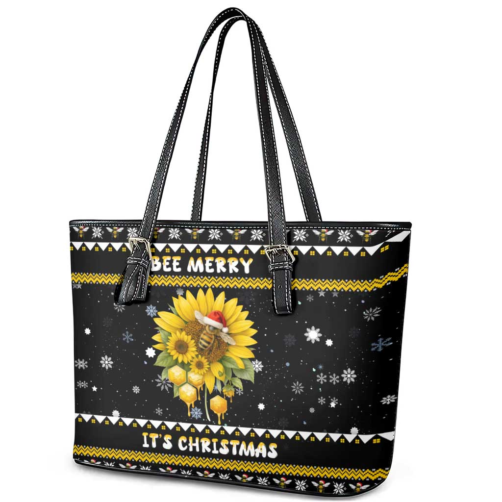 Bee Merry Its Time Christmas Leather Tote Bag Xmas Holiday Patterns - Wonder Print Shop