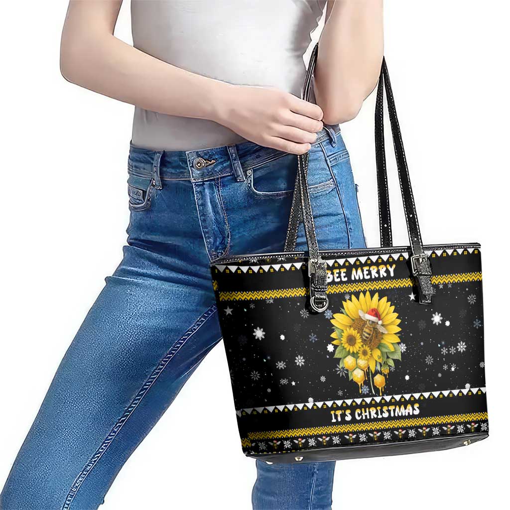 Bee Merry Its Time Christmas Leather Tote Bag Xmas Holiday Patterns - Wonder Print Shop