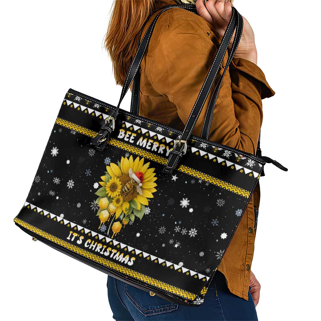 Bee Merry Its Time Christmas Leather Tote Bag Xmas Holiday Patterns - Wonder Print Shop