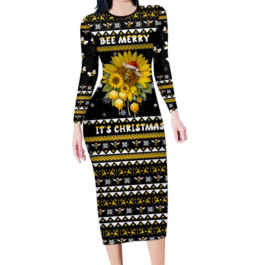 Bee Merry Its Time Christmas Long Sleeve Bodycon Dress Xmas Holiday Patterns - Wonder Print Shop
