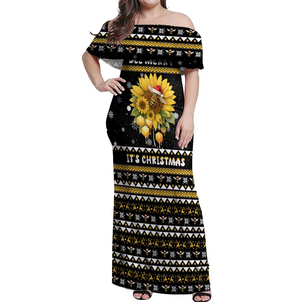 Bee Merry Its Time Christmas Off Shoulder Maxi Dress Xmas Holiday Patterns 