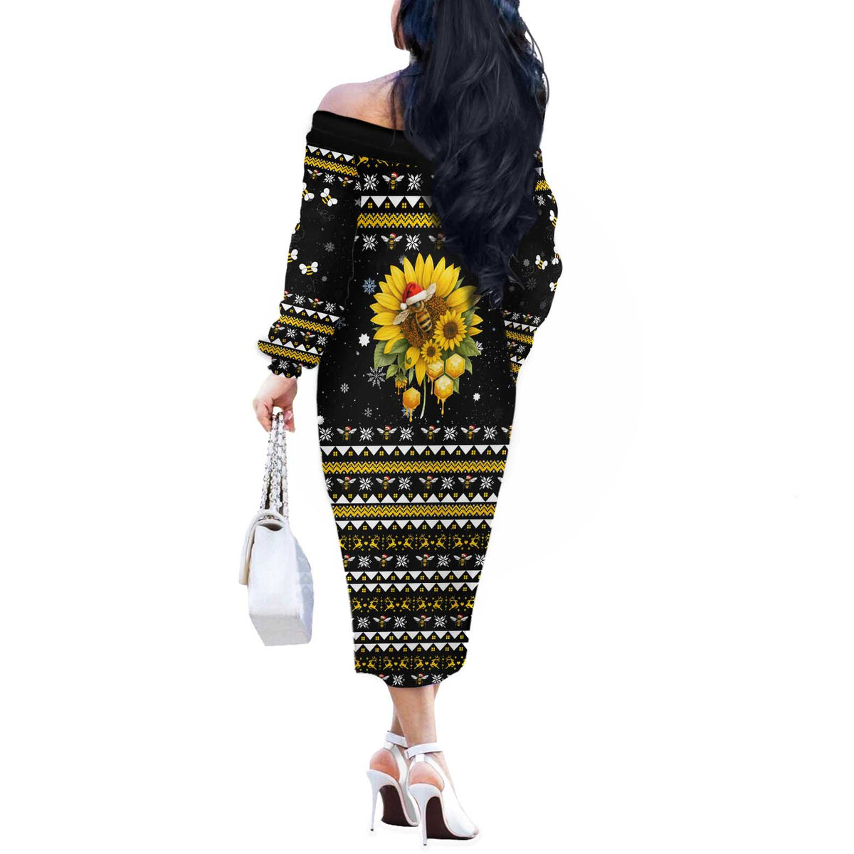 Bee Merry Its Time Christmas Off The Shoulder Long Sleeve Dress Xmas Holiday Patterns - Wonder Print Shop