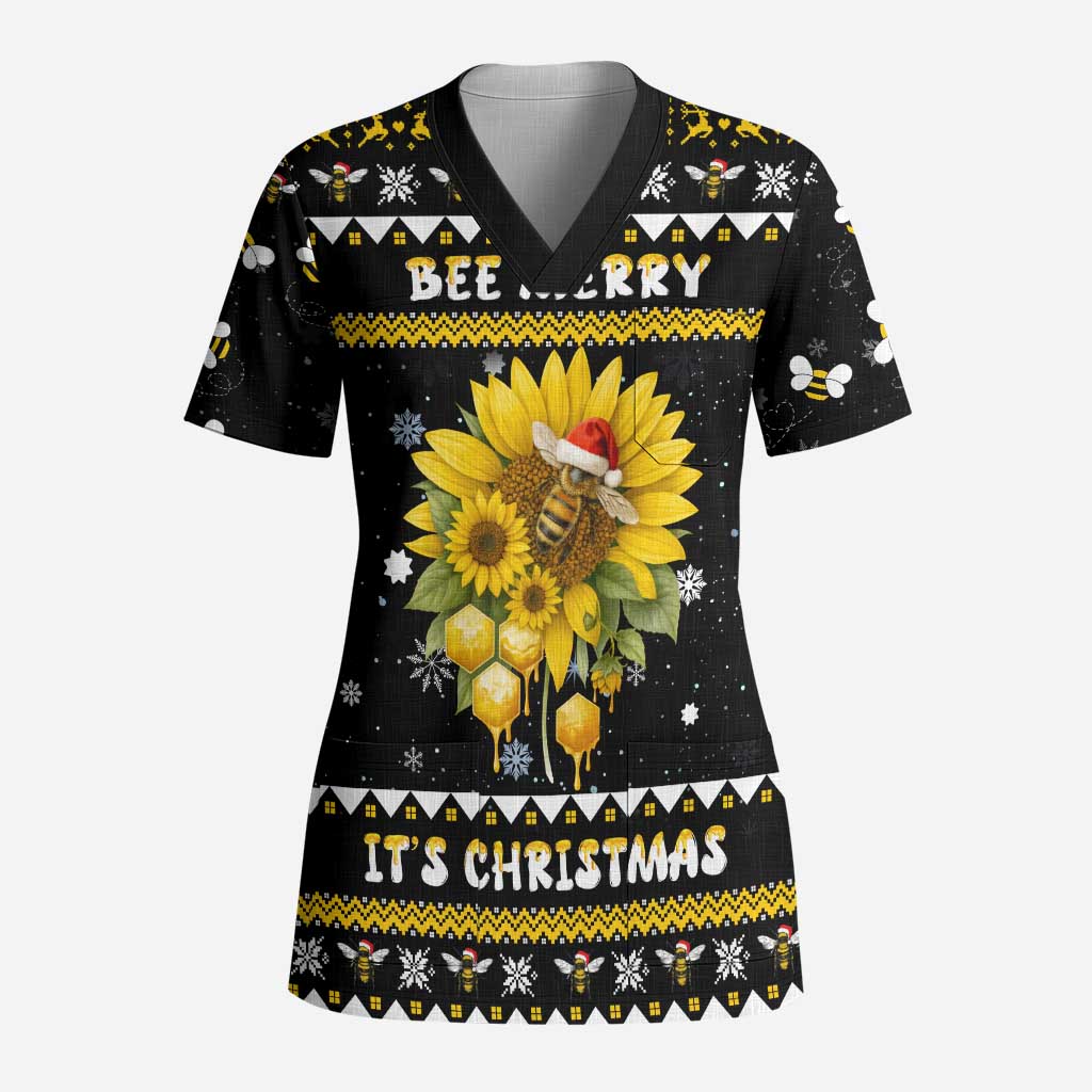 Bee Merry Its Time Christmas Scrub Top Xmas Holiday Patterns - Wonder Print Shop