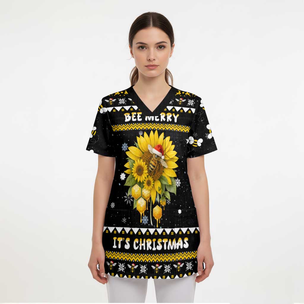 Bee Merry Its Time Christmas Scrub Top Xmas Holiday Patterns - Wonder Print Shop