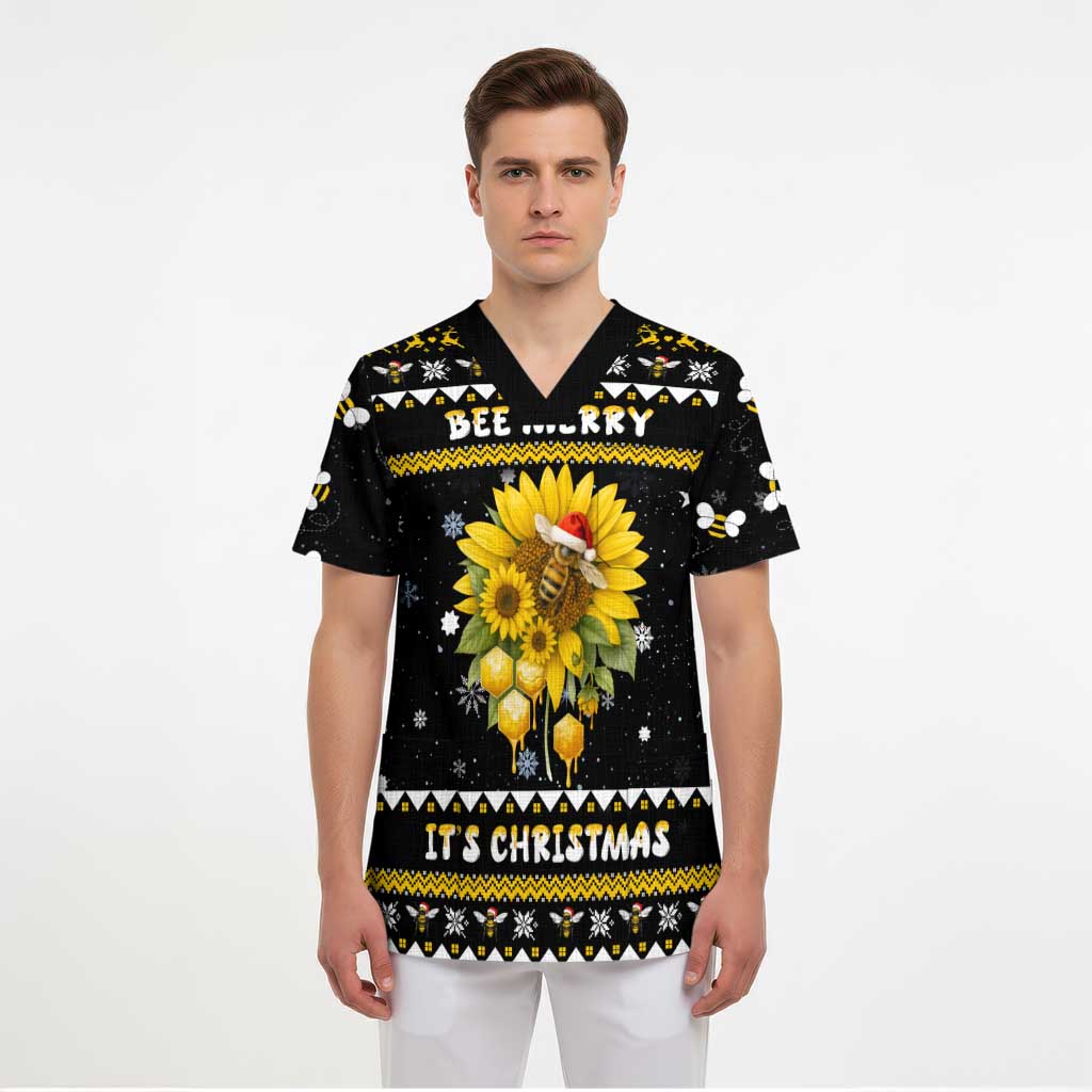 Bee Merry Its Time Christmas Scrub Top Xmas Holiday Patterns - Wonder Print Shop