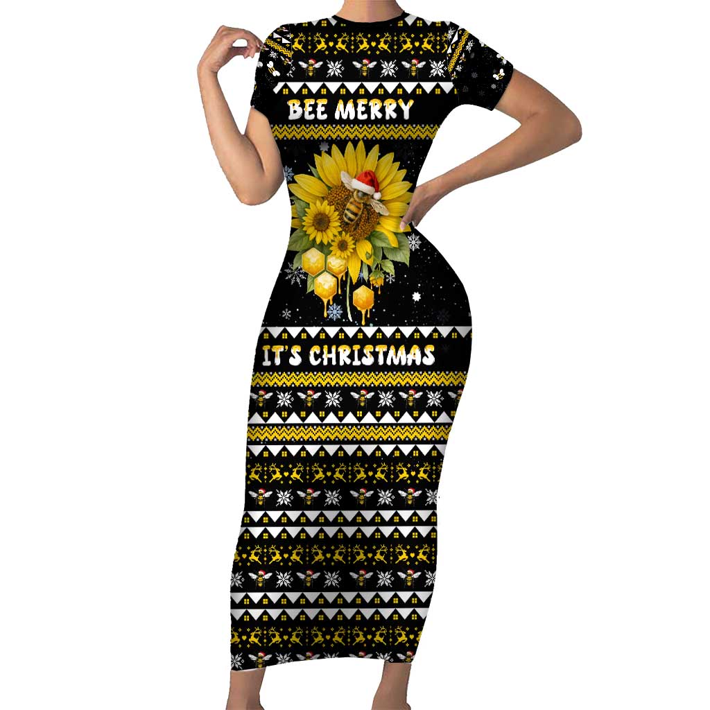 Bee Merry Its Time Christmas Short Sleeve Bodycon Dress Xmas Holiday Patterns - Wonder Print Shop