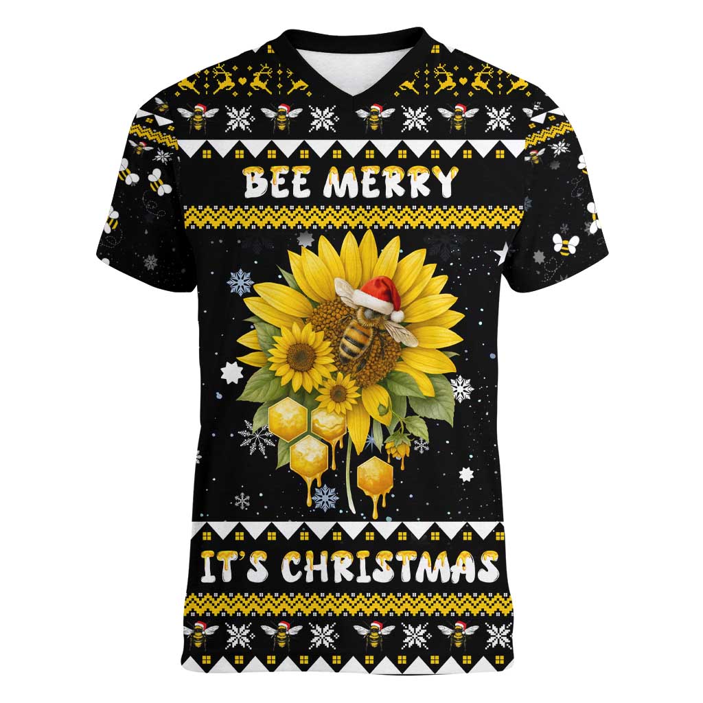 Bee Merry Its Time Christmas Women V-Neck T-Shirt Xmas Holiday Patterns - Wonder Print Shop