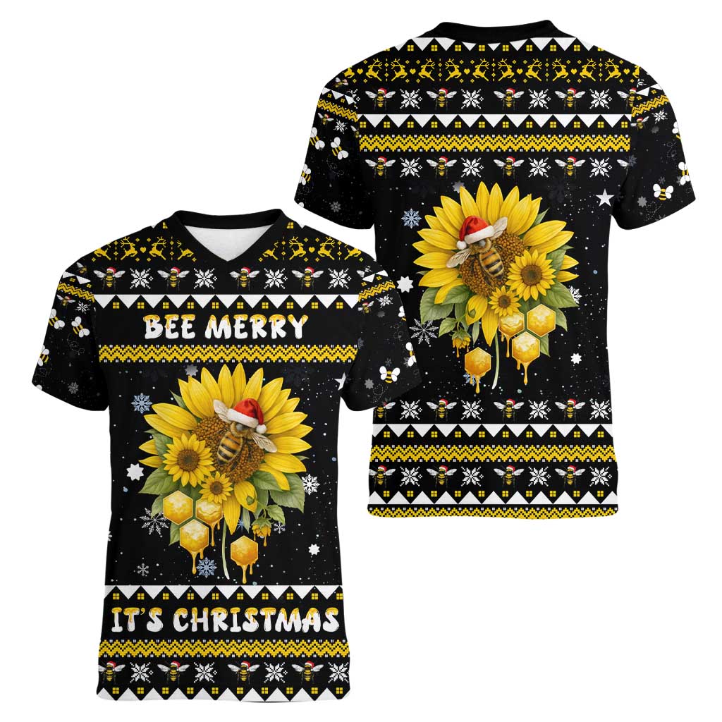 Bee Merry Its Time Christmas Women V-Neck T-Shirt Xmas Holiday Patterns - Wonder Print Shop