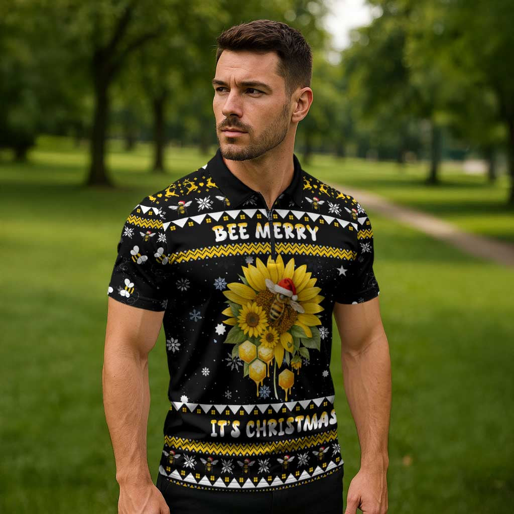 Bee Merry Its Time Christmas Zipper Polo Shirt Xmas Holiday Patterns - Wonder Print Shop