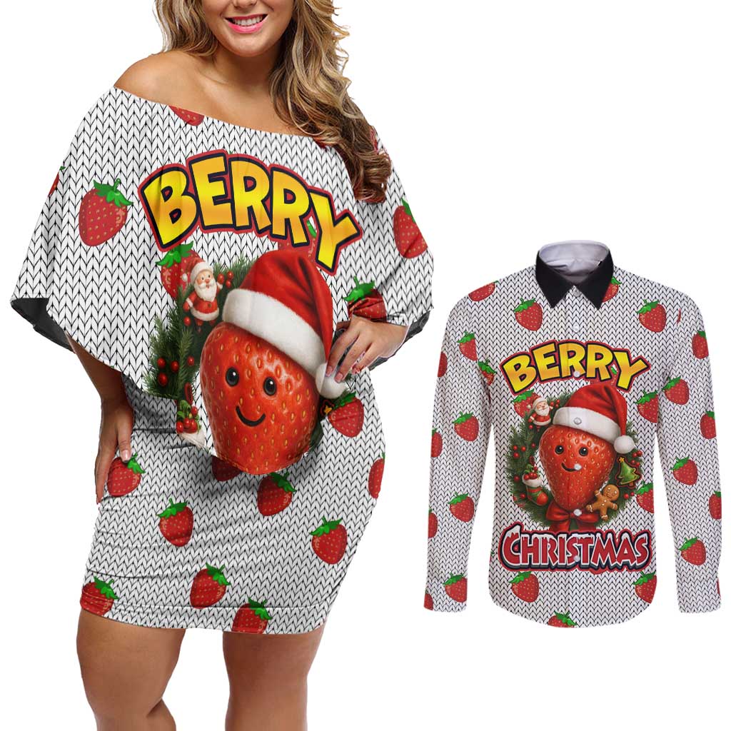 Berry ChristmasYall Christmas Couples Matching Off Shoulder Short Dress and Long Sleeve Button Shirt Xmas Holiday Patterns - Wonder Print Shop