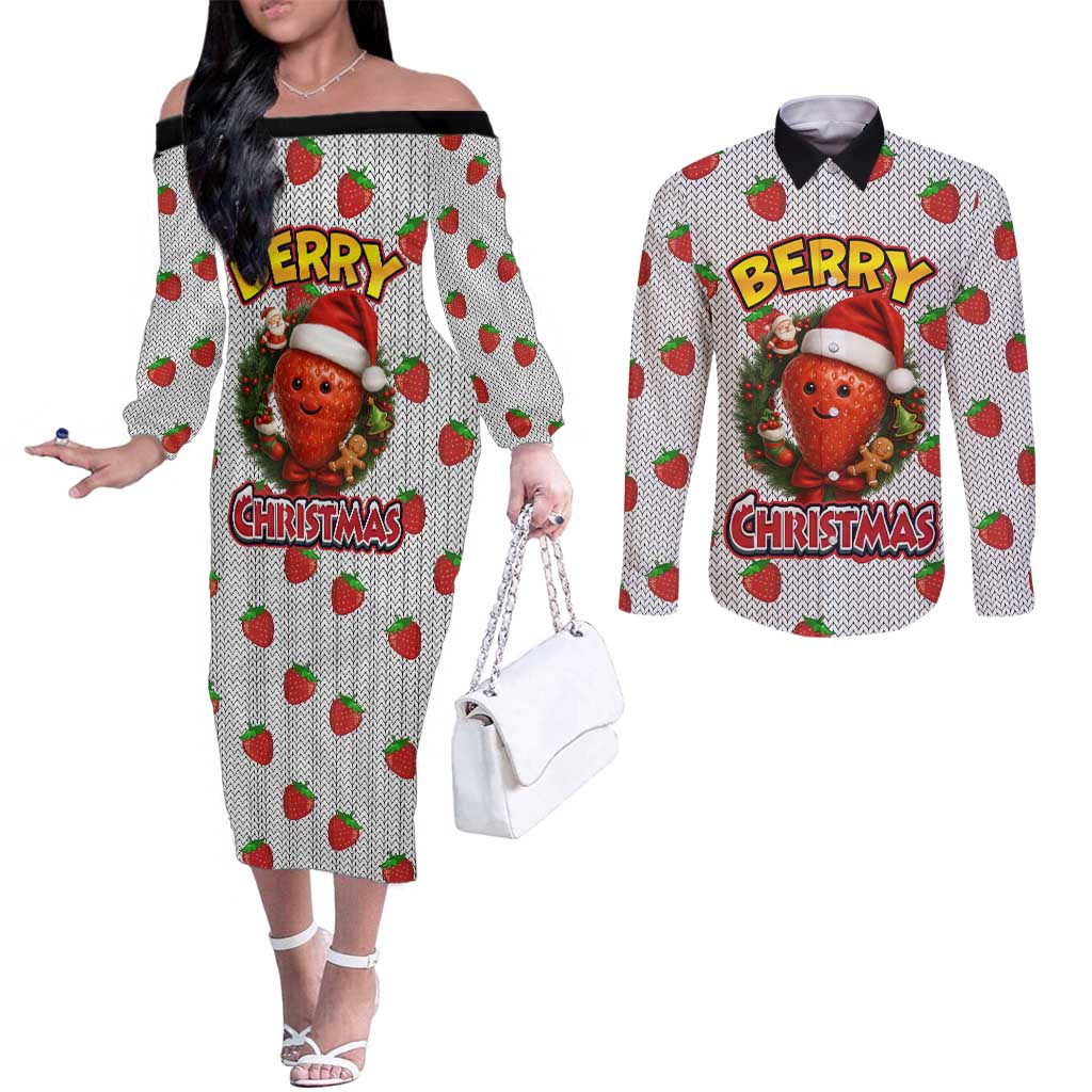 Berry ChristmasYall Christmas Couples Matching Off The Shoulder Long Sleeve Dress and Long Sleeve Button Shirt Xmas Holiday Patterns - Wonder Print Shop