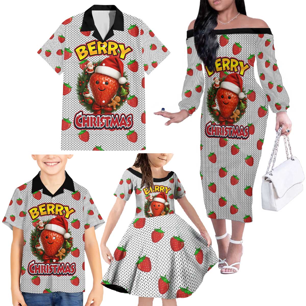 Berry ChristmasYall Christmas Family Matching Off The Shoulder Long Sleeve Dress and Hawaiian Shirt Xmas Holiday Patterns - Wonder Print Shop