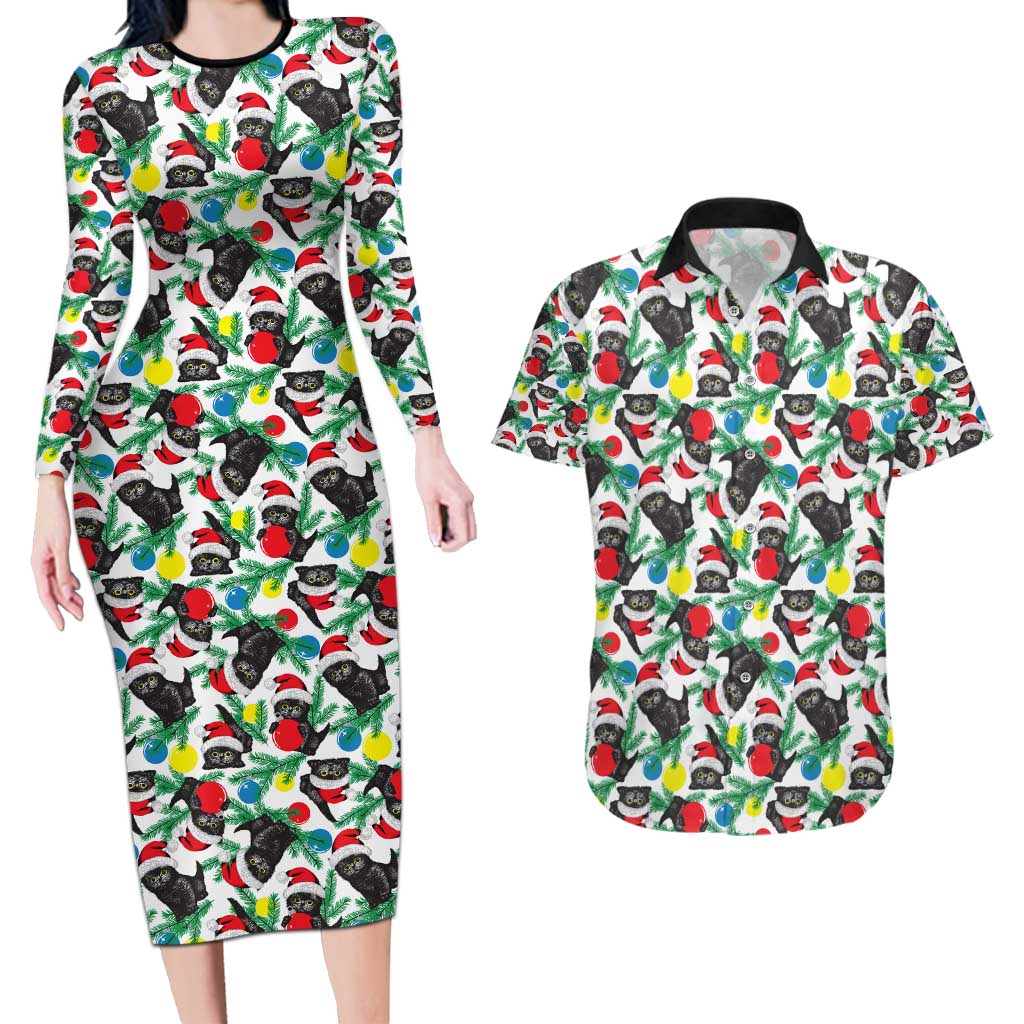 Black Cat Christmas Christmas Couples Matching Long Sleeve Bodycon Dress and Hawaiian Shirt Xmas Holiday Patterns - Wonder Print Shop