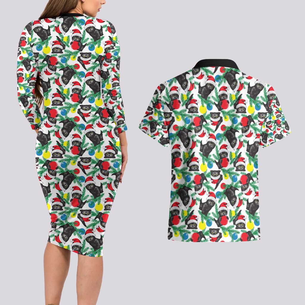 Black Cat Christmas Christmas Couples Matching Long Sleeve Bodycon Dress and Hawaiian Shirt Xmas Holiday Patterns - Wonder Print Shop